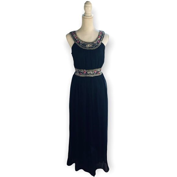 ASOS BEADED SLEEVELESS BLACK EVENING PARTY GOWN SEQUINS BEDAZZLED COLLAR US SZ 6 - Picture 1 of 16